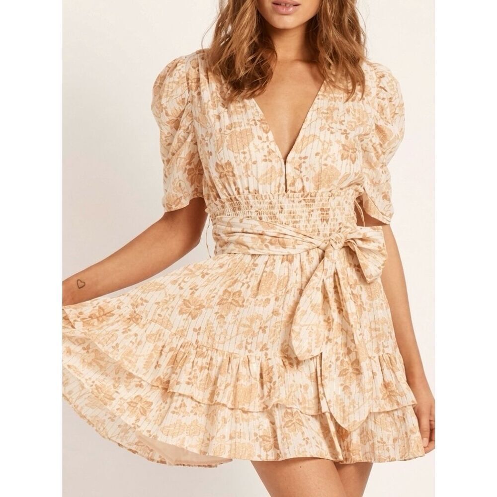 Cleobella Amarie Mini Dress Small Cream Floral Gold Metallic Cotton Puff Sleeve
